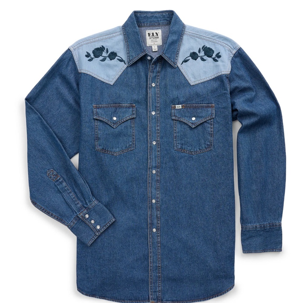 Ely Cattleman Indigo Denim Shirt with Floral Detail - Men’s Medium New Blue